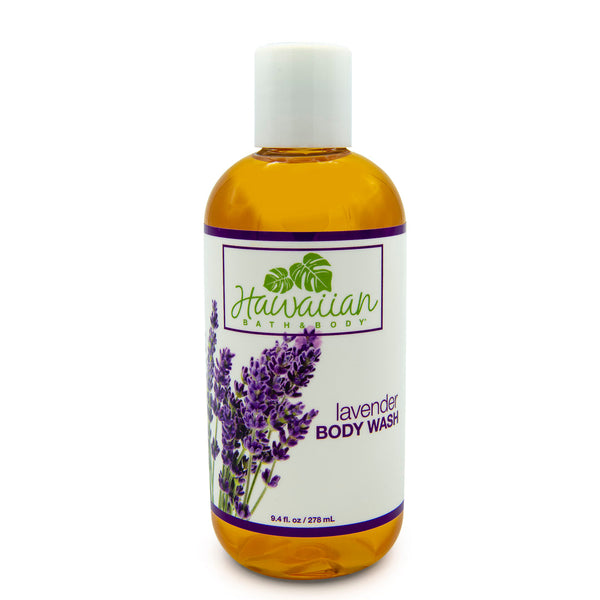 Liquid soap in a rounded bottle with a lavender flower label , and the monstera leaf logo in the middle - Hawaiian Bath & Body®