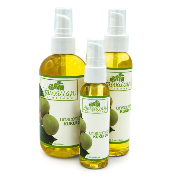 Three bottles of Kukui oil, 2oz, 4oz and 8oz wrapped in their labels - Hawaiian Bath & Body®