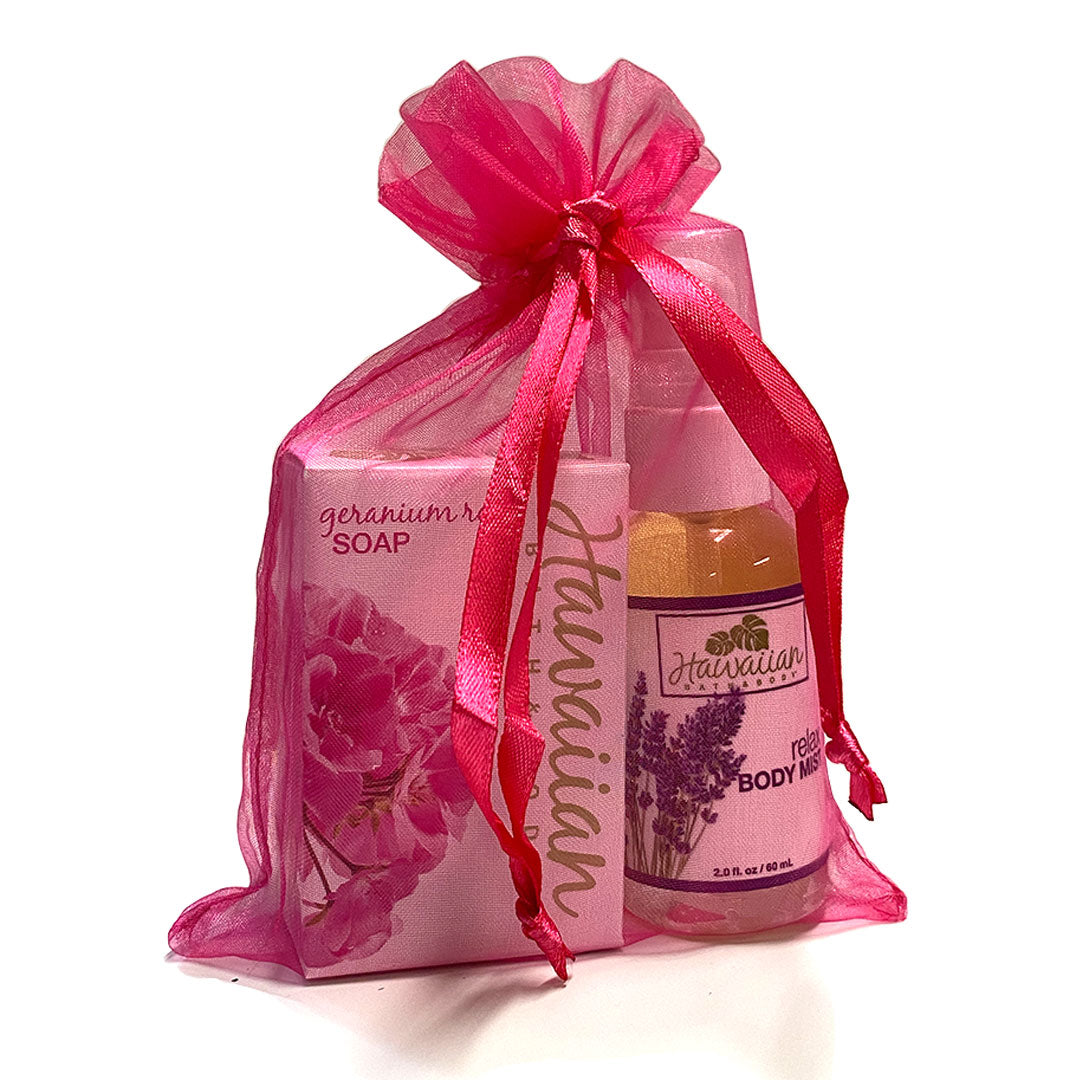 Geranium soap and lavender body mist in a red organza bag - Hawaiian Bath & Body®