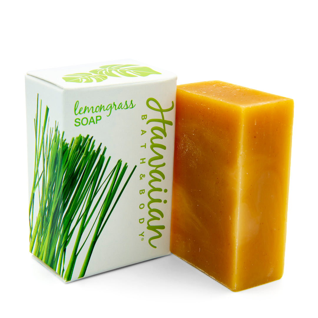 white box printed with green lemongrass stalks,, next to natrual bar of soap with - Hawaiian Bath & Body®